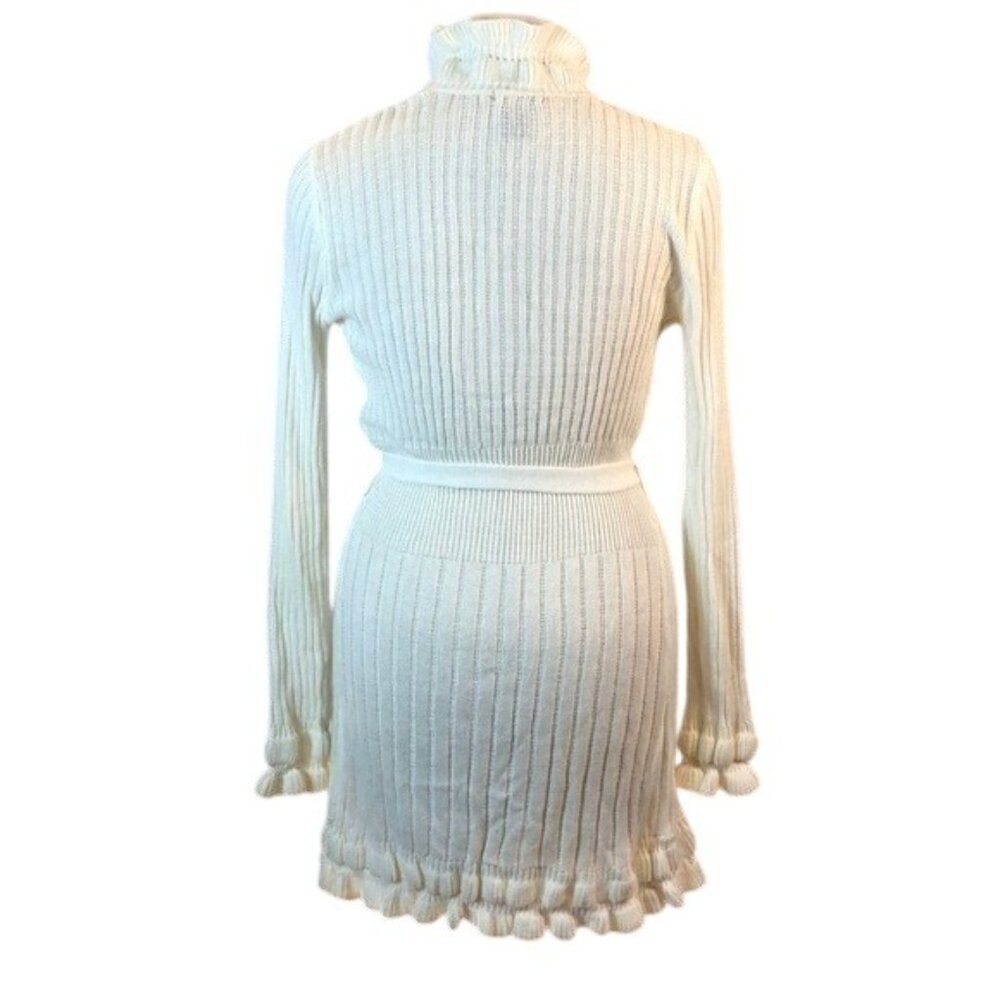 Questions By Who? Ruffled Open Front Belted Cardigan Sweater Ivory XL - Picture 2 of 5
